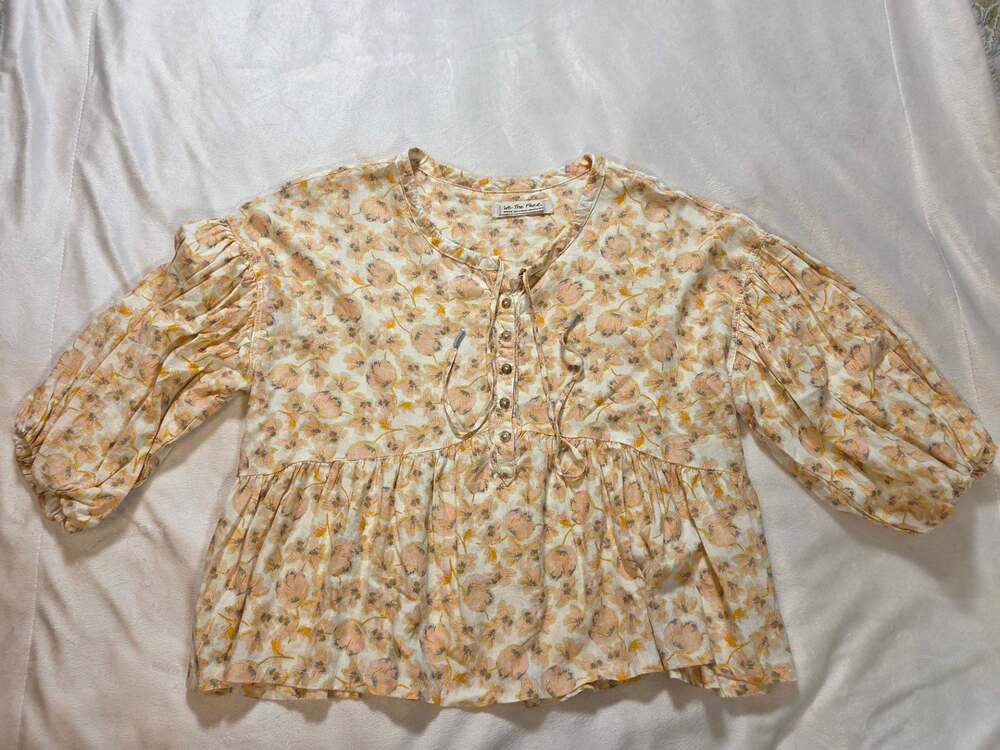 We The Free Free People Floral Linen Blend Babydoll Blouse Puff Sleeve M - Picture 4 of 11
